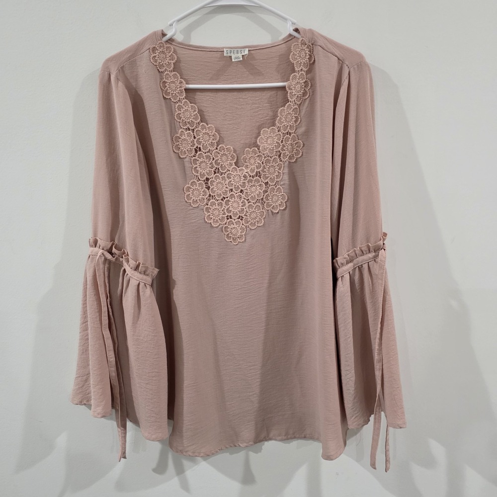 Spense Womens Top Size Large Pink Lace Floral Boho Fairy Mauve Ren Faire Bell